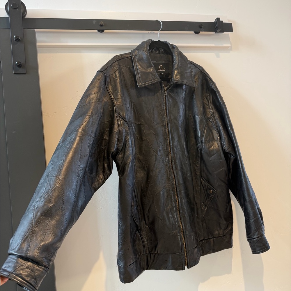 100% Genuine Black Leather Oversized Patchwork Vintage Bomber Jacket ✨